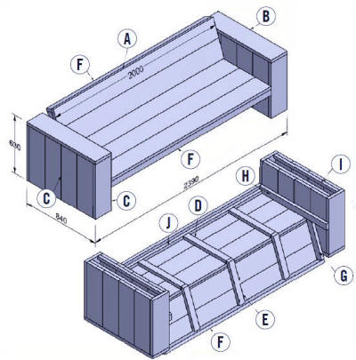 Bouwtekening om zelf een tuinbank van steigerhout te maken.