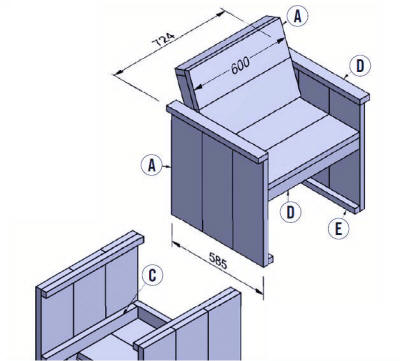 Bouwtekening om de steigerhout stoel te maken.