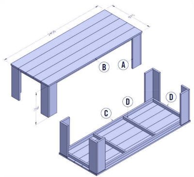 Bouwtekening voor een houten tuintafel van steigerplanken.